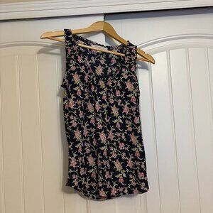 Ann Taylor LOFT Sleeveless Blouse XS Xtra Black Pink Floral Print Scoop Neck